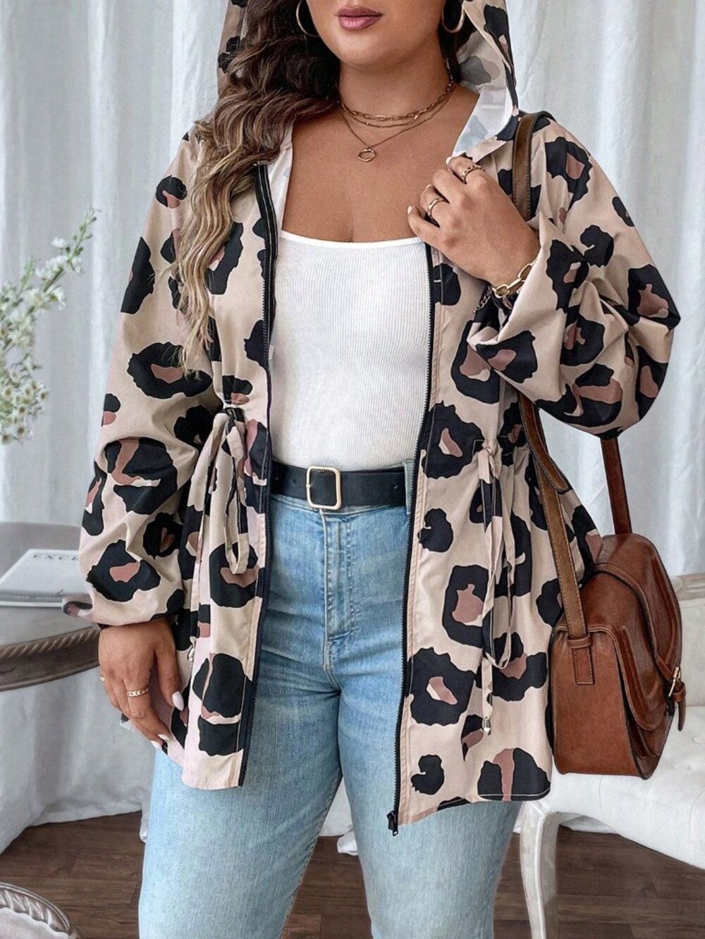 Multicolor Casual Women's Loose Fit Drawstring Pocket Zipper Hooded Jacket - Picture 6 of 7